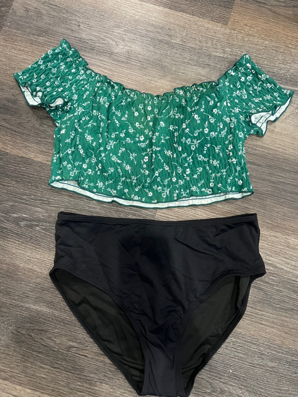 (9) Green Floral Off-Shoulder Swim Top & Black High-Waist Bottoms